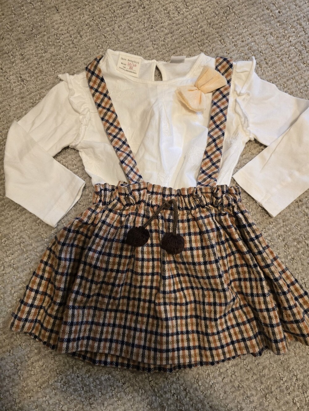 ZARA Girls Plaid Suspender Skirt with Cream Bow Top